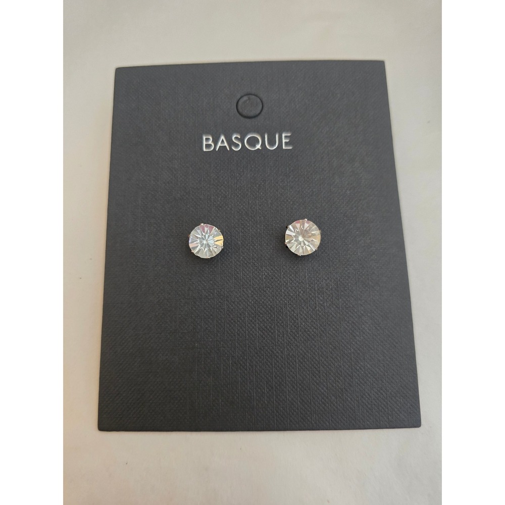 Basque Womens Silver Tone Round Clear Rhinestones Stud Earrings Sparkly NWT